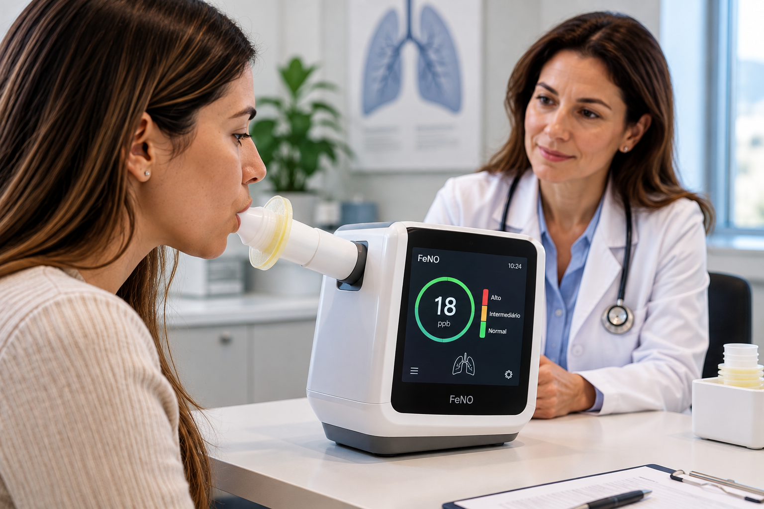 Paciente realizando exame FeNO para avaliação da inflamação das vias aéreas