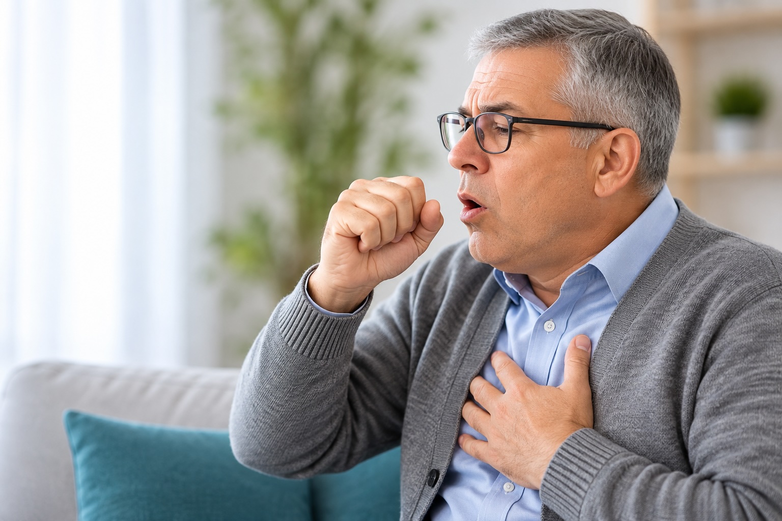 Homem com tosse, sintoma que pode estar relacionado a doenças respiratórias e outras condições